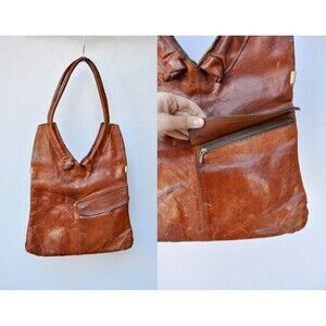 80s Brown Leather Shoulder Bag - by Louise Fontaine Bruxelles - Distressed